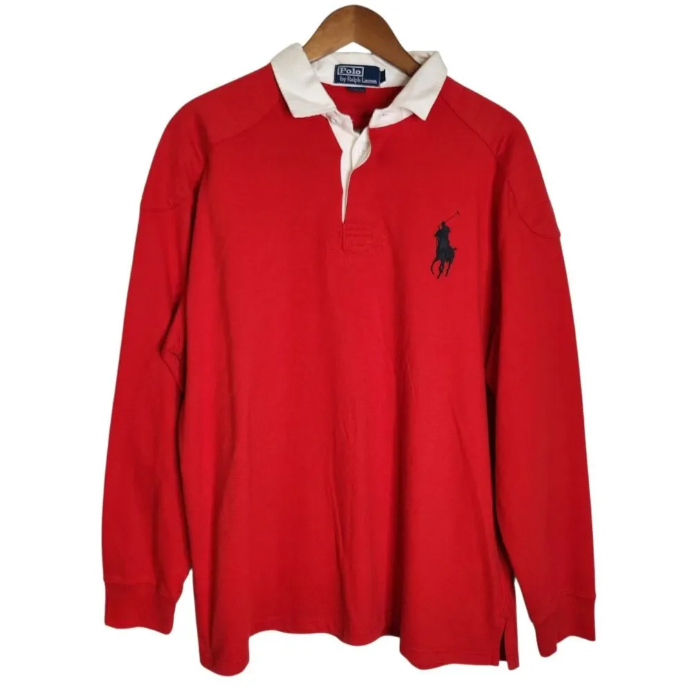 Vintage Polo Ralph Lauren Mens Red Rugby Long Sleeve Shirt Big Pony Size L
